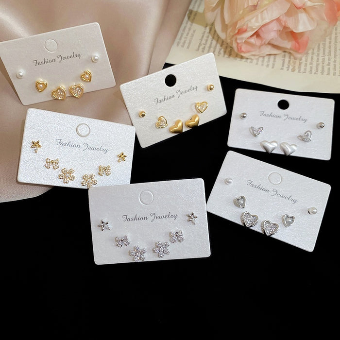 Gold Plated Copper Heart Flower Zircon Stud Earrings Jewelry Set For Women