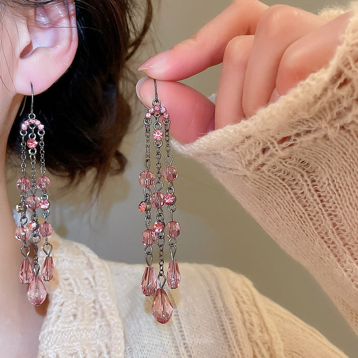 Elegant Geometric Artificial Crystal Tassel Drop Earrings With Rhinestone Ear Hooks For Women