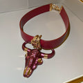 Vintage Leather Bull Head Alloy Pendant Necklace, Fashion Animal Choker For Women view 4