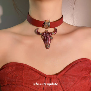 Vintage Leather Bull Head Alloy Pendant Necklace, Fashion Animal Choker For Women