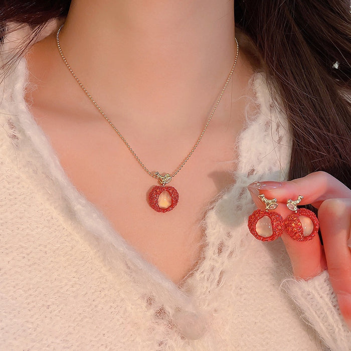 Zircon Resin Apple Earrings And Necklace Jewelry Set For Women Cute Light Luxury OL Style
