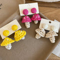 Raffia Mushroom Pendant Drop Earrings With Silver Needle Geometric Round Beach Vacation Style view 2