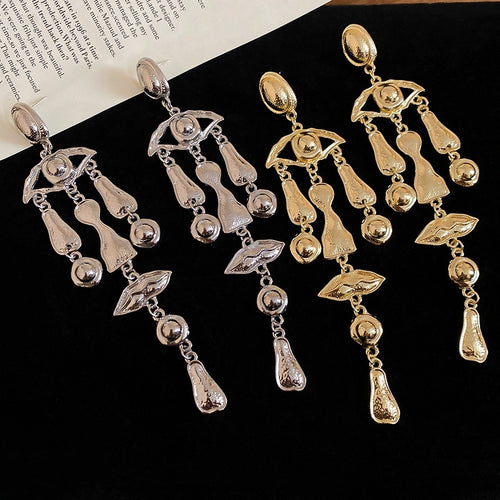 Vintage Alloy Oval Tassel Drop Earrings Silver Pin Geometric Metal Stud Earrings Retro Style