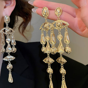 Vintage Alloy Oval Tassel Drop Earrings Silver Pin Geometric Metal Stud Earrings Retro Style