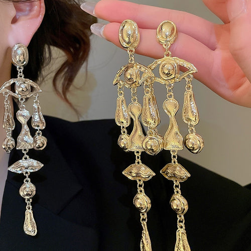 Vintage Alloy Oval Tassel Drop Earrings Silver Pin Geometric Metal Stud Earrings Retro Style