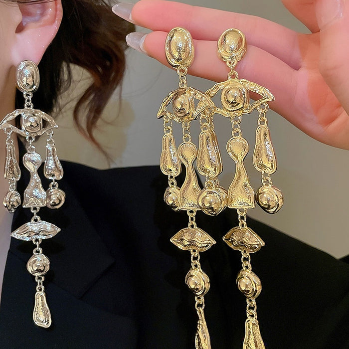 Vintage Alloy Oval Tassel Drop Earrings Silver Pin Geometric Metal Stud Earrings Retro Style