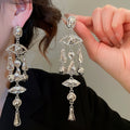 Vintage Alloy Oval Tassel Drop Earrings Silver Pin Geometric Metal Stud Earrings Retro Style view 3
