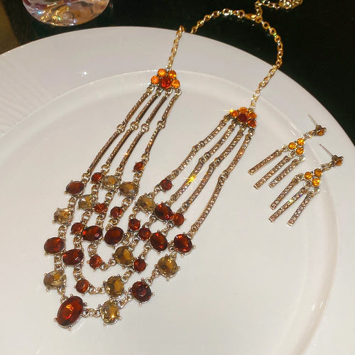 Vintage Court Style Alloy Triangle Rhinestone Tassel Earrings Necklace Jewelry Set