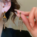 Vintage Court Style Alloy Triangle Rhinestone Tassel Earrings Necklace Jewelry Set view 3