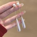 Sterling Silver Needle French Vintage Water Drop Pearl Tassel Earrings, Elegant Fashion Jewelry view 4