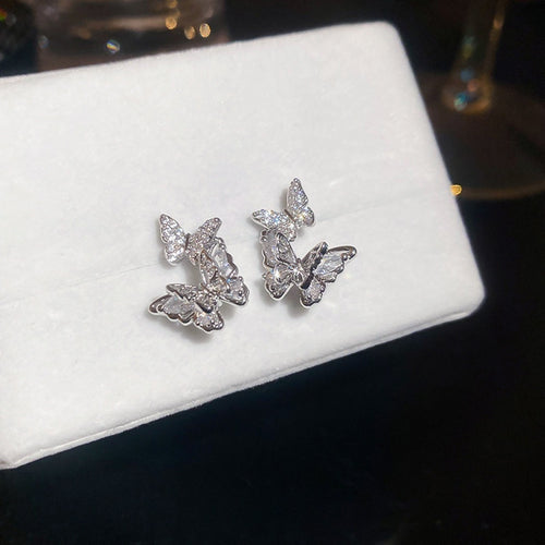 Elegant Korean Zircon Butterfly Copper Drop Earrings With Silver Pins For Women