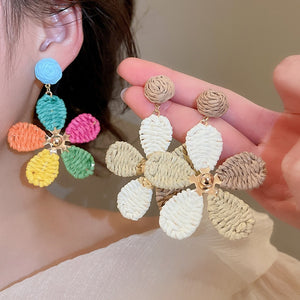 Raffia Woven Flower Silver Post Drop Earrings Beach Vacation Light Luxury Jewelry