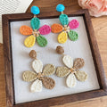 Raffia Woven Flower Silver Post Drop Earrings Beach Vacation Light Luxury Jewelry view 2