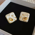 Minimalist Gold Plated Silver Needle Rhinestone Rhombus Faux Pearl Stud Earrings For Women view 4