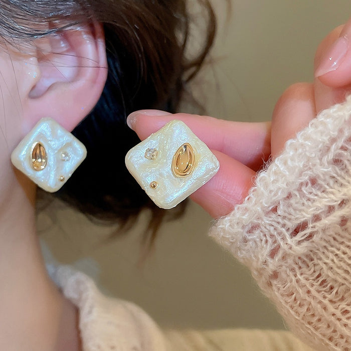 Minimalist Gold Plated Silver Needle Rhinestone Rhombus Faux Pearl Stud Earrings For Women