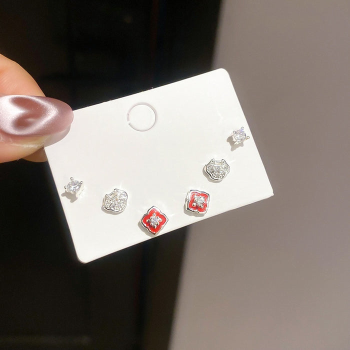 Copper Zircon Enamel Flower Stud Earrings, Dainty Light Luxury Everyday Women's Ear Jewelry