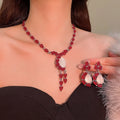 Vintage Resin Oval Flower Bud Necklace Earrings Jewelry Set For Women Light Luxury Design view 2