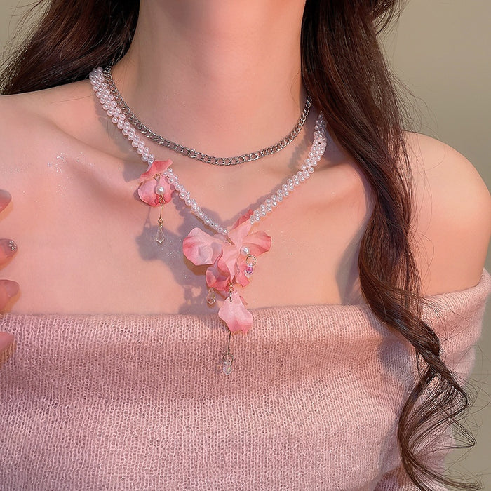 Stainless Steel Floral Faux Pearl Sweater Necklace Elegant Pastoral Style Pendant Choker