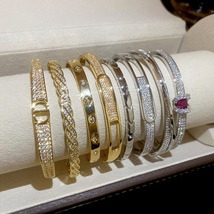 Gold Plated Copper Zircon Geometric Open Bangle For Women Light Luxury Everyday Jewelry