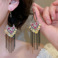 Artificial Crystal Flower Tassel Drop Earrings With Silver Pin Teardrop Design view 3