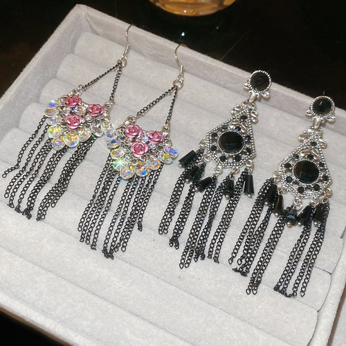 Artificial Crystal Flower Tassel Drop Earrings With Silver Pin Teardrop Design