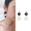 Black Wood Look Round Top White Petal Drop Stud Earrings view 2