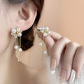 Luxury Elegant French Flower Cluster Tassel Pearl Rhinestone Gold Alloy Long Drop Dangle Earrings view 1
