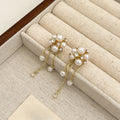 Luxury Elegant French Flower Cluster Tassel Pearl Rhinestone Gold Alloy Long Drop Dangle Earrings view 4