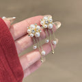 Luxury Elegant French Flower Cluster Tassel Pearl Rhinestone Gold Alloy Long Drop Dangle Earrings view 2