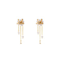 Luxury Elegant French Flower Cluster Tassel Pearl Rhinestone Gold Alloy Long Drop Dangle Earrings view 5