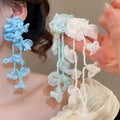 Sweet Chiffon Flower Beaded Tassel Drop Earrings With Silver Posts Elegant Light Luxury Style view 1
