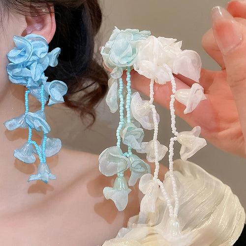 Sweet Chiffon Flower Beaded Tassel Drop Earrings With Silver Posts Elegant Light Luxury Style