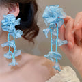 Sweet Chiffon Flower Beaded Tassel Drop Earrings With Silver Posts Elegant Light Luxury Style view 3