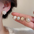 Light Luxury Faux Pearl Zircon Round Stud Earrings Jewelry Set For Women view 2