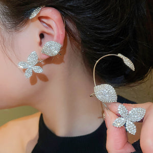 Copper Rhinestone Flower Ear Cuff Earrings, Elegant Minimalist Niche Fashion Jewelry