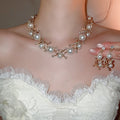 French Vintage Court Style Faux Pearl Jewelry Set With Rhinestone Round Cross Earrings And Necklace view 2