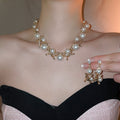 French Vintage Court Style Faux Pearl Jewelry Set With Rhinestone Round Cross Earrings And Necklace view 4
