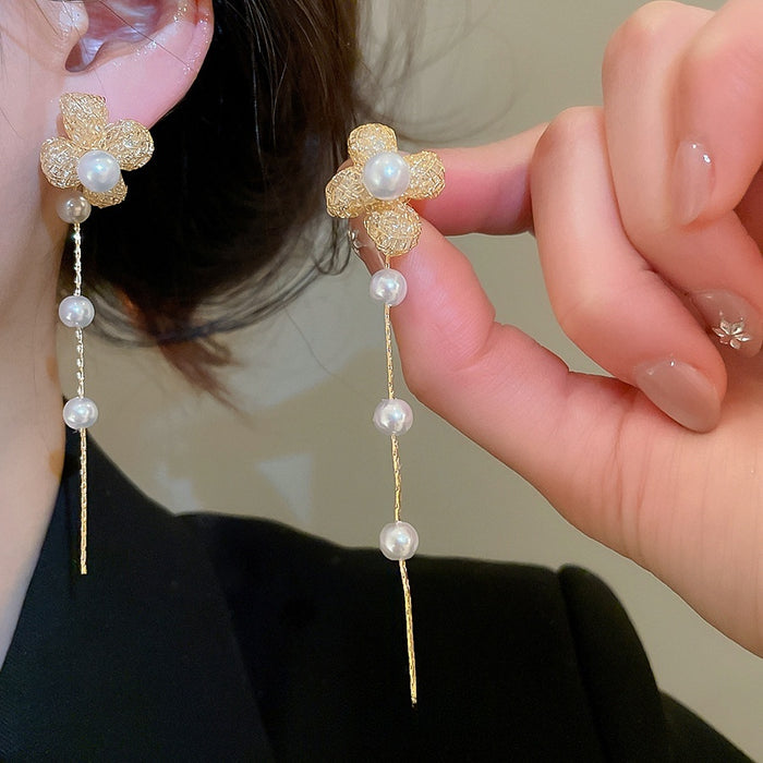 Gold Plated Silver Post Zircon Flower Faux Pearl Drop Earrings French Vintage Light Luxury Style