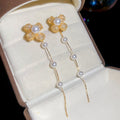 Gold Plated Silver Post Zircon Flower Faux Pearl Drop Earrings French Vintage Light Luxury Style view 4