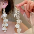 Faux Pearl Shell Beaded Tassel Drop Earrings, French Retro Geometric Stud Style view 1