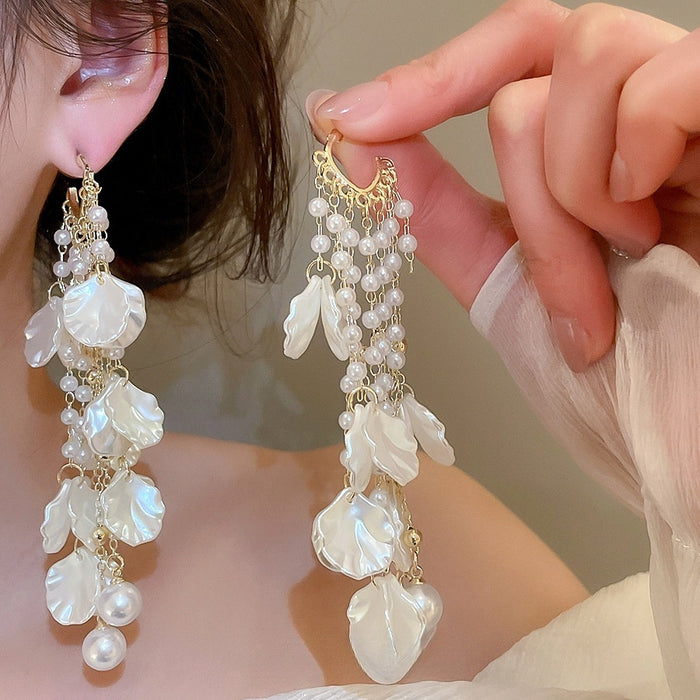 Faux Pearl Shell Beaded Tassel Drop Earrings, French Retro Geometric Stud Style