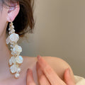 Faux Pearl Shell Beaded Tassel Drop Earrings, French Retro Geometric Stud Style view 3