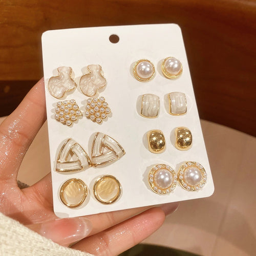 Elegant Faux Pearl Cat Eye Stone Stud Earrings Jewelry Set With Silver Needles Round Geometric Design