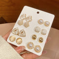 Elegant Faux Pearl Cat Eye Stone Stud Earrings Jewelry Set With Silver Needles Round Geometric Design view 3