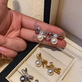 Zircon Bow Faux Pearl Stud Earrings, French Vintage Light Luxury Niche Style Jewelry view 3