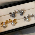 Zircon Bow Faux Pearl Stud Earrings, French Vintage Light Luxury Niche Style Jewelry view 4