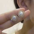 Faux Pearl Zircon Rhombus Stud Earrings, Elegant Retro Niche Style Silver Needle Ear Jewelry view 4