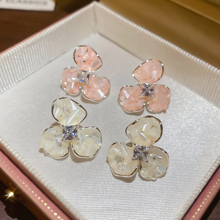 Light Luxury Shell Flower Stud Earrings With Zircon Accents, Korean Elegant Silver Needle Jewelry