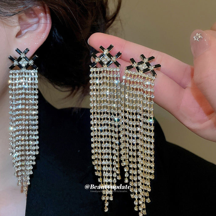 Copper Zircon Rhombus Long Tassel Drop Earrings, European American Light Luxury Stud Style