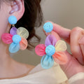 Silver Needle Raffia Chiffon Flower Stud Earrings, Vacation Style Fabric Floral Ear Jewelry view 3